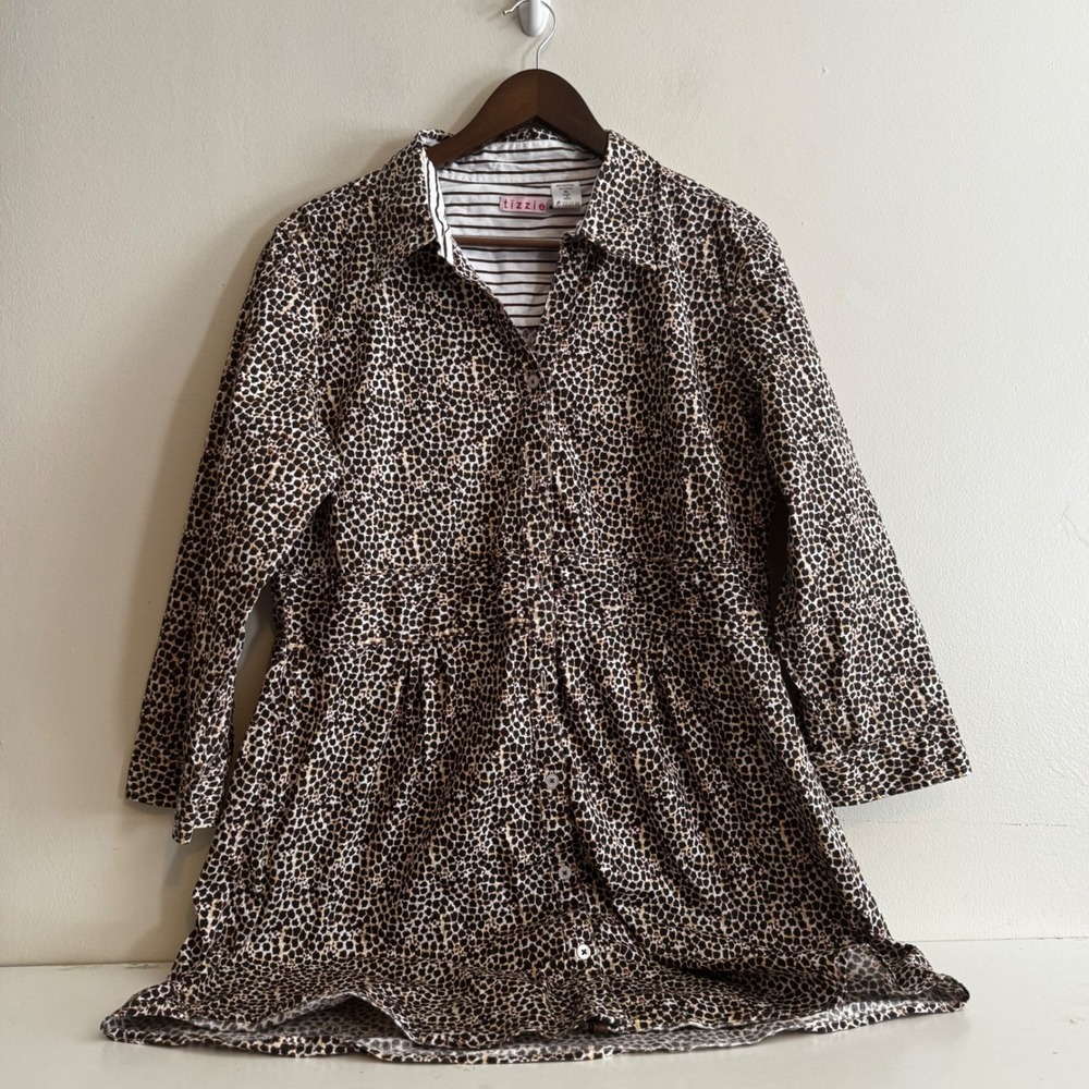 Tizzie Women's XL Brown Leopard Print Shirt Dress Cotton Blend Animal Fall